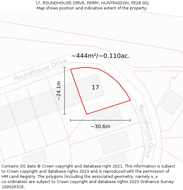 17, ROUNDHOUSE DRIVE, PERRY, HUNTINGDON, PE28 0DJ: Plot and title map