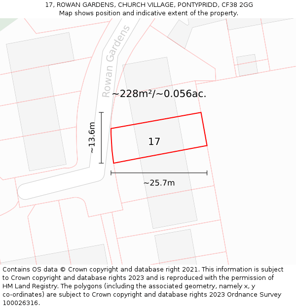 17, ROWAN GARDENS, CHURCH VILLAGE, PONTYPRIDD, CF38 2GG: Plot and title map