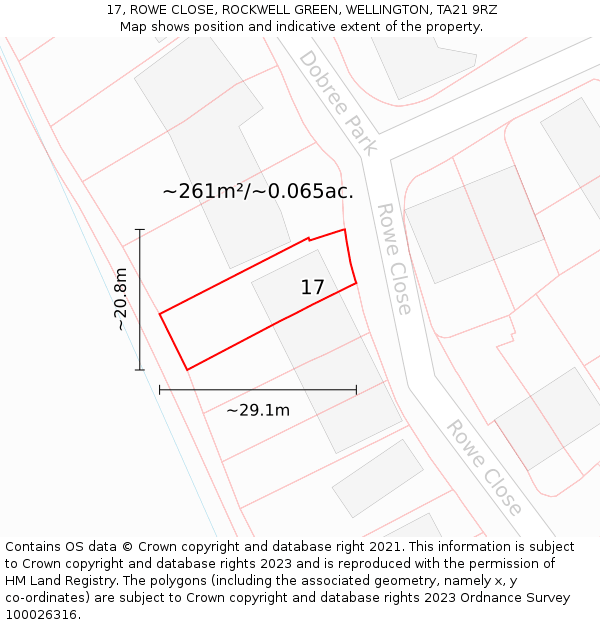 17, ROWE CLOSE, ROCKWELL GREEN, WELLINGTON, TA21 9RZ: Plot and title map