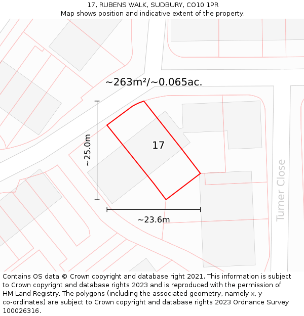 17, RUBENS WALK, SUDBURY, CO10 1PR: Plot and title map