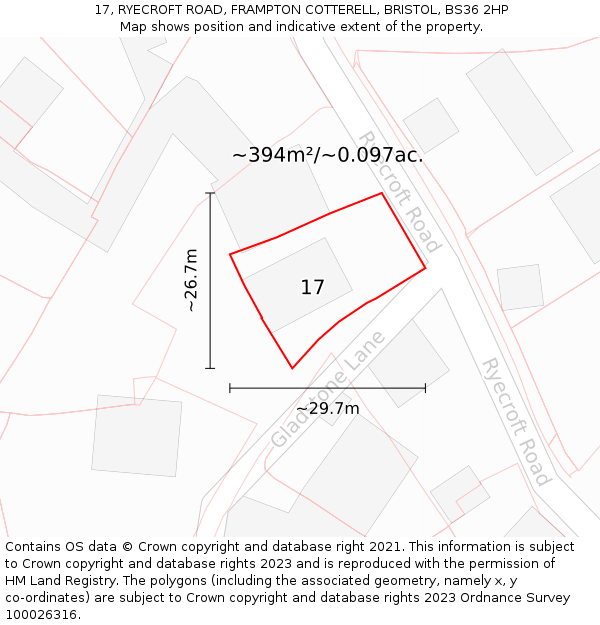 17, RYECROFT ROAD, FRAMPTON COTTERELL, BRISTOL, BS36 2HP: Plot and title map