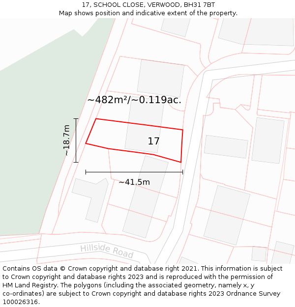 17, SCHOOL CLOSE, VERWOOD, BH31 7BT: Plot and title map