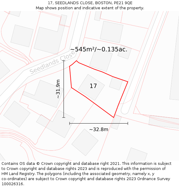 17, SEEDLANDS CLOSE, BOSTON, PE21 9QE: Plot and title map