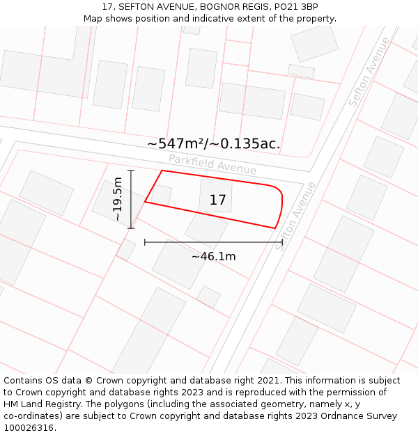 17, SEFTON AVENUE, BOGNOR REGIS, PO21 3BP: Plot and title map