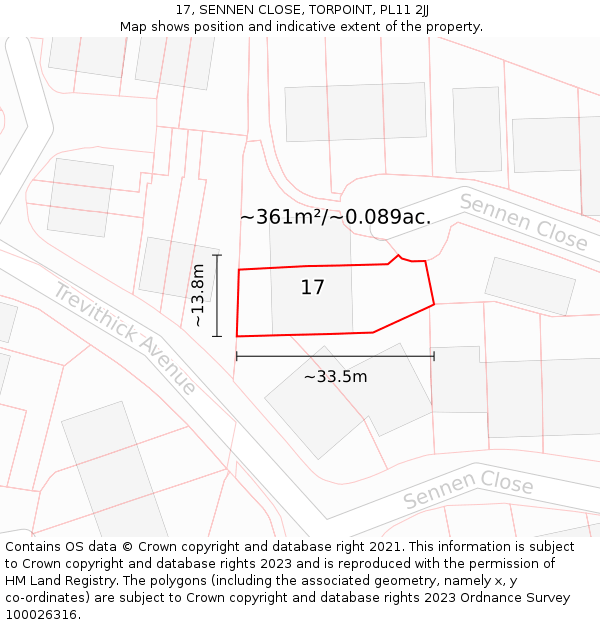 17, SENNEN CLOSE, TORPOINT, PL11 2JJ: Plot and title map