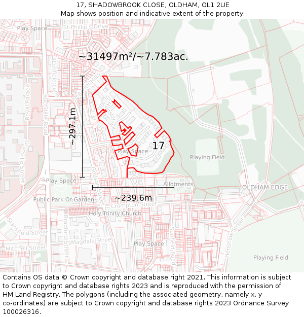 17, SHADOWBROOK CLOSE, OLDHAM, OL1 2UE: Plot and title map