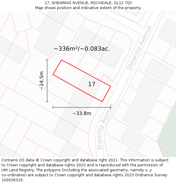 17, SHEARING AVENUE, ROCHDALE, OL12 7QY: Plot and title map