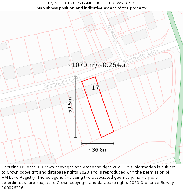 17, SHORTBUTTS LANE, LICHFIELD, WS14 9BT: Plot and title map