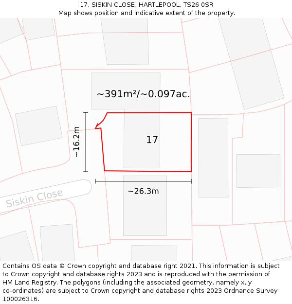 17, SISKIN CLOSE, HARTLEPOOL, TS26 0SR: Plot and title map