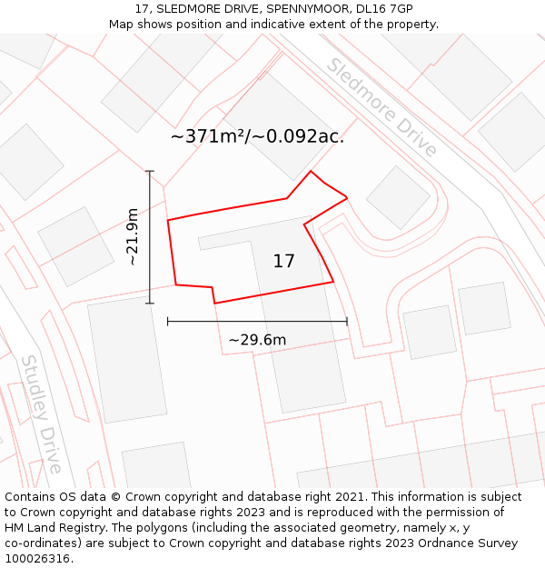 17, SLEDMORE DRIVE, SPENNYMOOR, DL16 7GP: Plot and title map