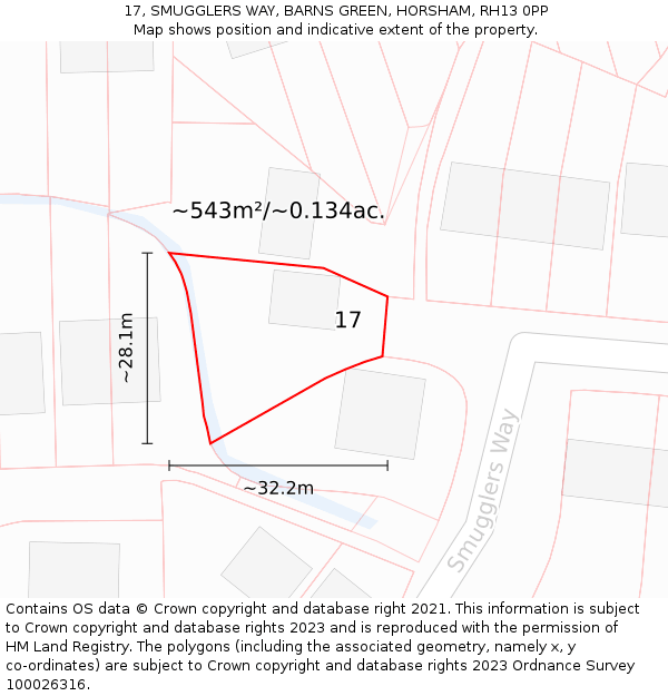 17, SMUGGLERS WAY, BARNS GREEN, HORSHAM, RH13 0PP: Plot and title map