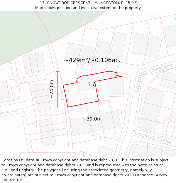 17, SNOWDROP CRESCENT, LAUNCESTON, PL15 9JS: Plot and title map