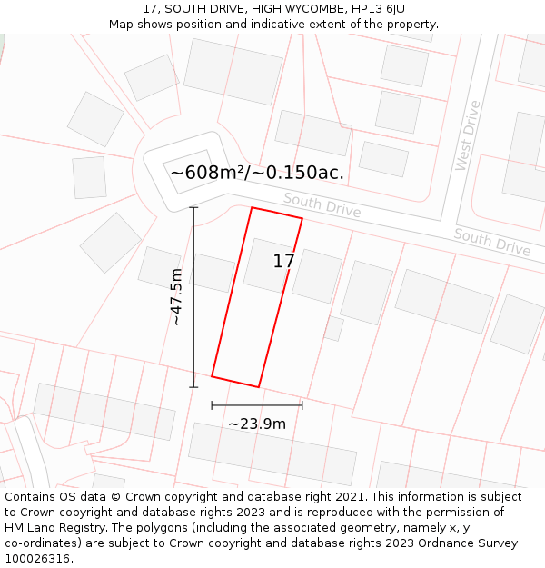 17, SOUTH DRIVE, HIGH WYCOMBE, HP13 6JU: Plot and title map