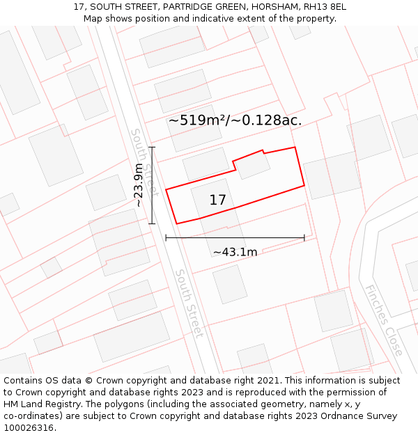 17, SOUTH STREET, PARTRIDGE GREEN, HORSHAM, RH13 8EL: Plot and title map