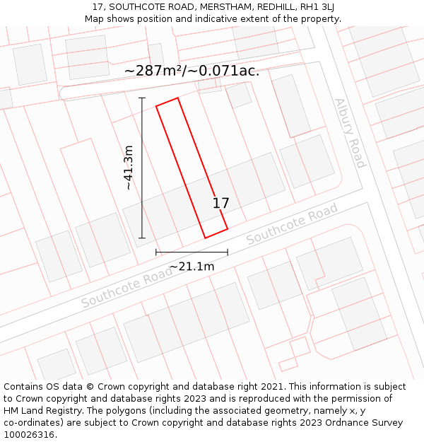 17, SOUTHCOTE ROAD, MERSTHAM, REDHILL, RH1 3LJ: Plot and title map