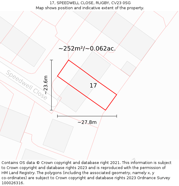 17, SPEEDWELL CLOSE, RUGBY, CV23 0SG: Plot and title map