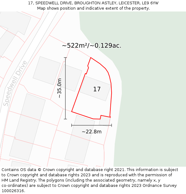 17, SPEEDWELL DRIVE, BROUGHTON ASTLEY, LEICESTER, LE9 6YW: Plot and title map