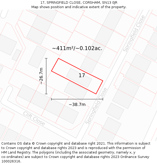 17, SPRINGFIELD CLOSE, CORSHAM, SN13 0JR: Plot and title map