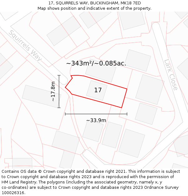 17, SQUIRRELS WAY, BUCKINGHAM, MK18 7ED: Plot and title map