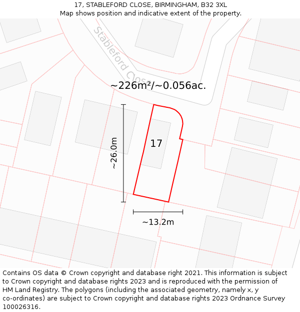 17, STABLEFORD CLOSE, BIRMINGHAM, B32 3XL: Plot and title map