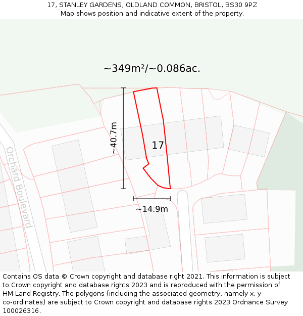 17, STANLEY GARDENS, OLDLAND COMMON, BRISTOL, BS30 9PZ: Plot and title map