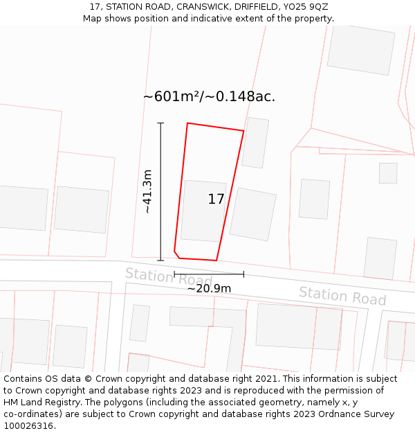 17, STATION ROAD, CRANSWICK, DRIFFIELD, YO25 9QZ: Plot and title map