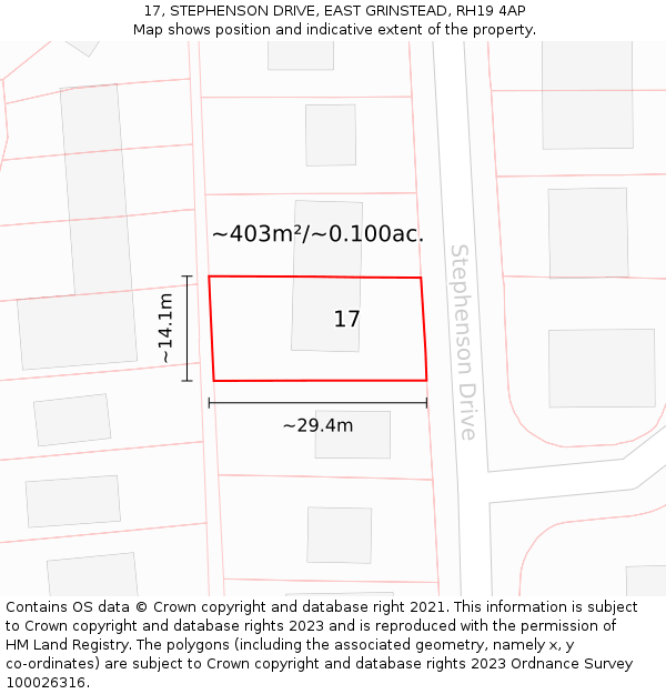 17, STEPHENSON DRIVE, EAST GRINSTEAD, RH19 4AP: Plot and title map