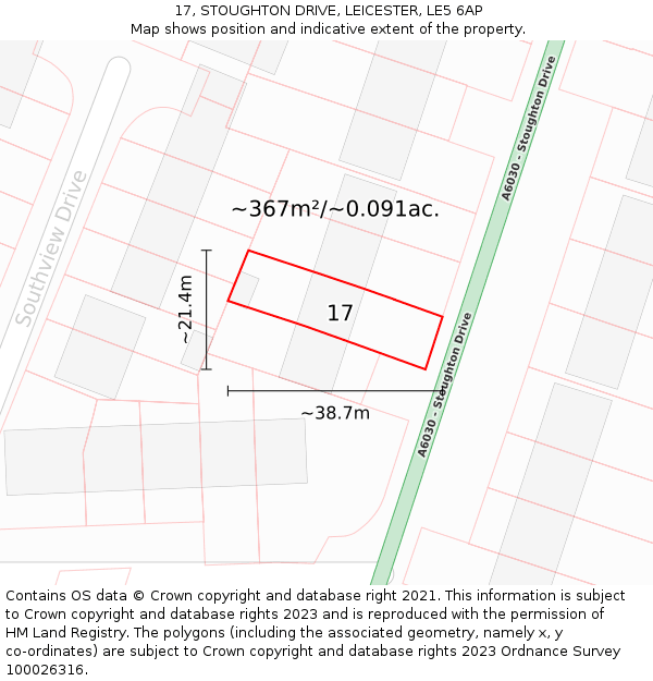 17, STOUGHTON DRIVE, LEICESTER, LE5 6AP: Plot and title map