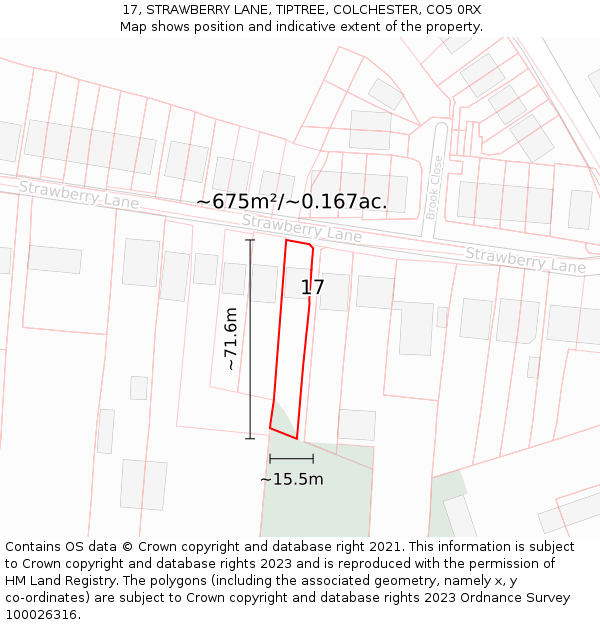 17, STRAWBERRY LANE, TIPTREE, COLCHESTER, CO5 0RX: Plot and title map