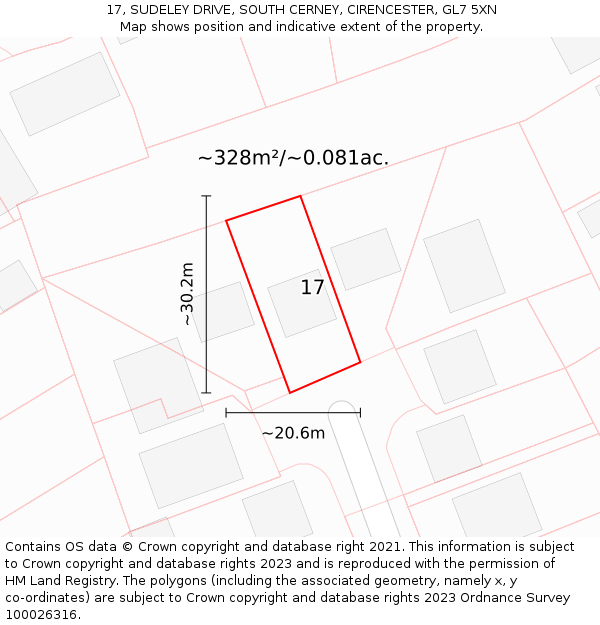 17, SUDELEY DRIVE, SOUTH CERNEY, CIRENCESTER, GL7 5XN: Plot and title map