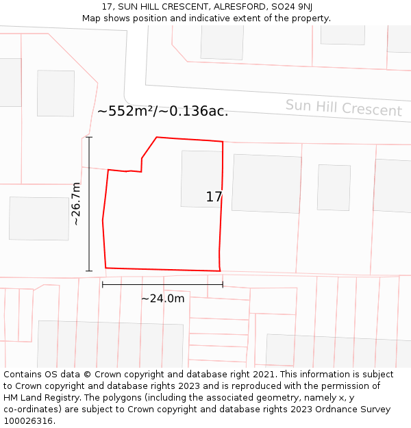 17, SUN HILL CRESCENT, ALRESFORD, SO24 9NJ: Plot and title map