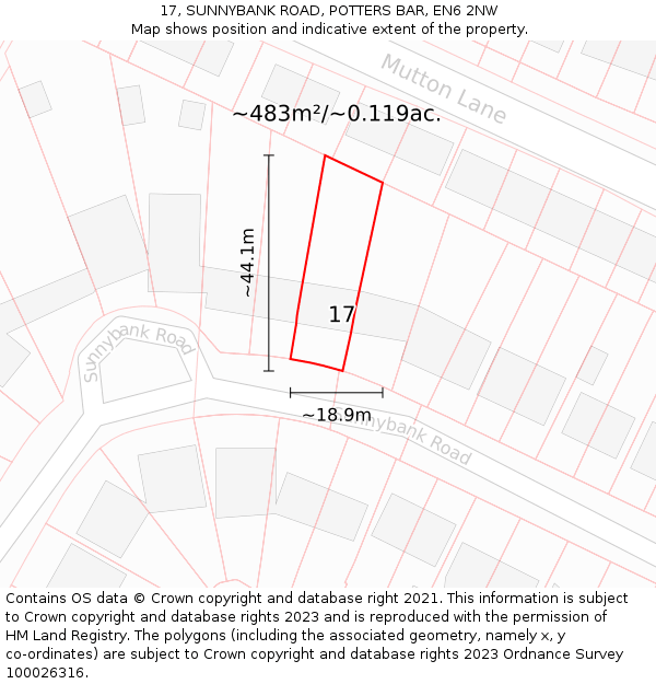 17, SUNNYBANK ROAD, POTTERS BAR, EN6 2NW: Plot and title map