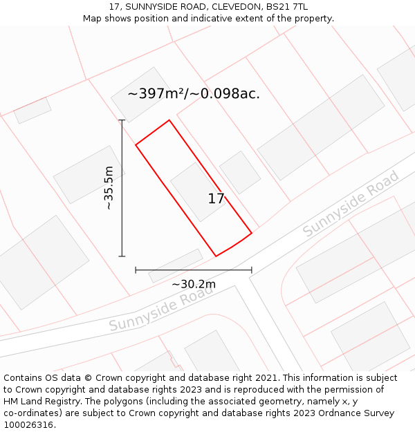 17, SUNNYSIDE ROAD, CLEVEDON, BS21 7TL: Plot and title map