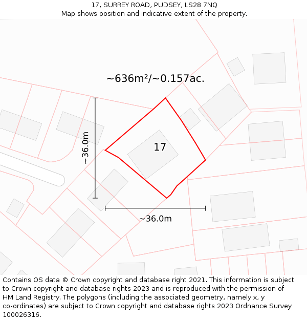 17, SURREY ROAD, PUDSEY, LS28 7NQ: Plot and title map