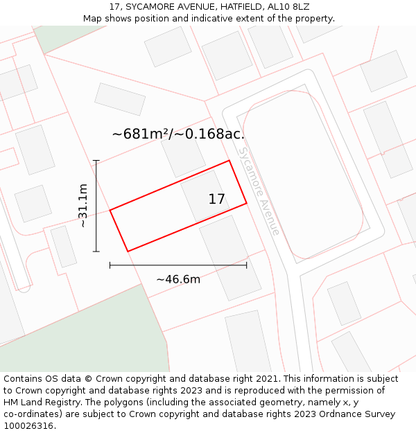 17, SYCAMORE AVENUE, HATFIELD, AL10 8LZ: Plot and title map