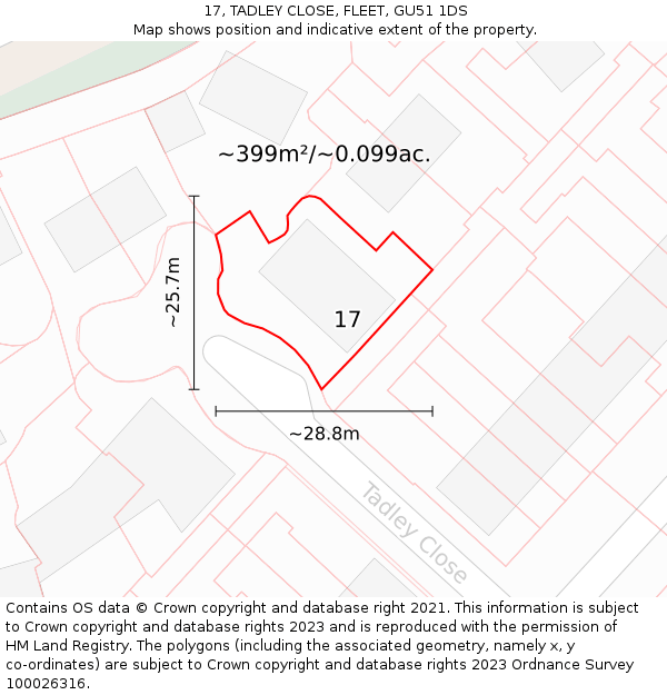 17, TADLEY CLOSE, FLEET, GU51 1DS: Plot and title map