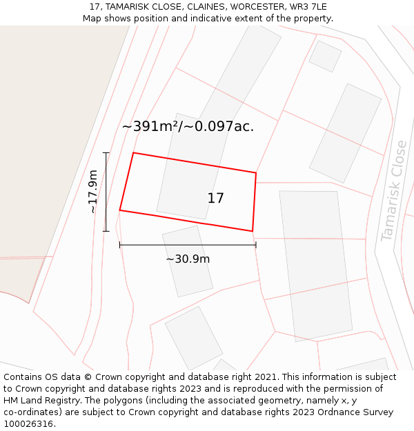 17, TAMARISK CLOSE, CLAINES, WORCESTER, WR3 7LE: Plot and title map