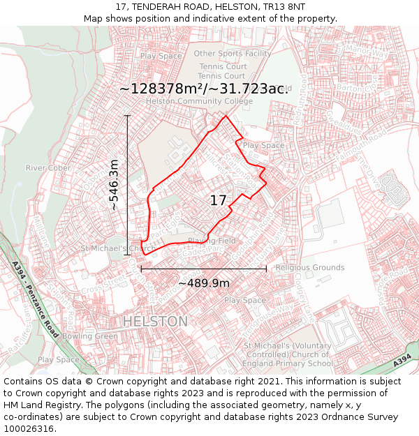 17, TENDERAH ROAD, HELSTON, TR13 8NT: Plot and title map