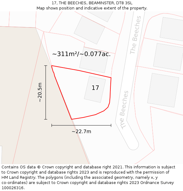 17, THE BEECHES, BEAMINSTER, DT8 3SL: Plot and title map