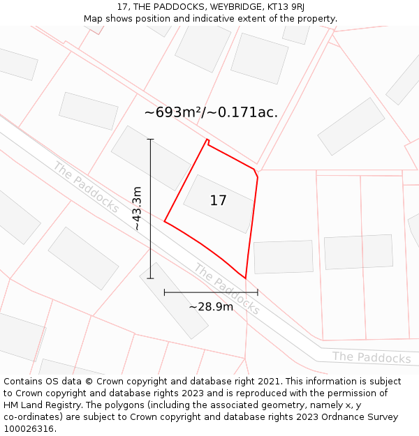 17, THE PADDOCKS, WEYBRIDGE, KT13 9RJ: Plot and title map