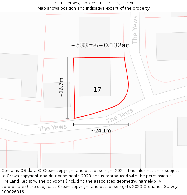 17, THE YEWS, OADBY, LEICESTER, LE2 5EF: Plot and title map