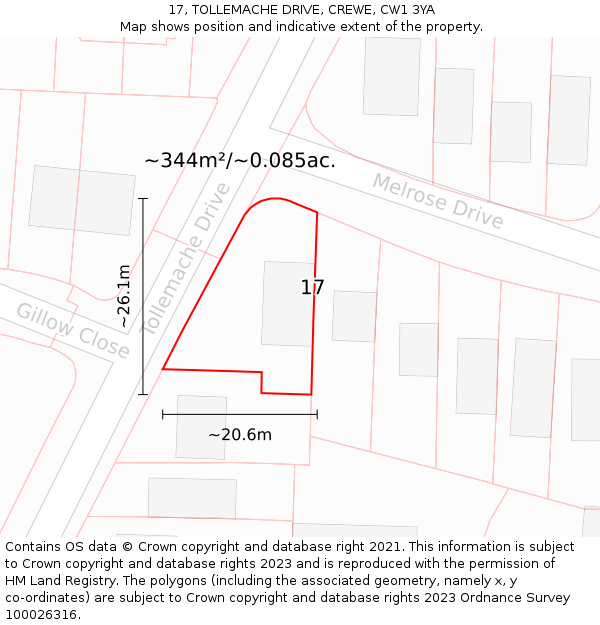 17, TOLLEMACHE DRIVE, CREWE, CW1 3YA: Plot and title map