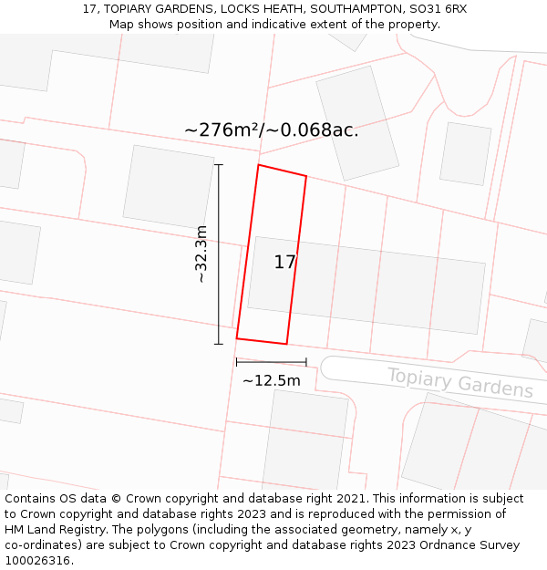 17, TOPIARY GARDENS, LOCKS HEATH, SOUTHAMPTON, SO31 6RX: Plot and title map