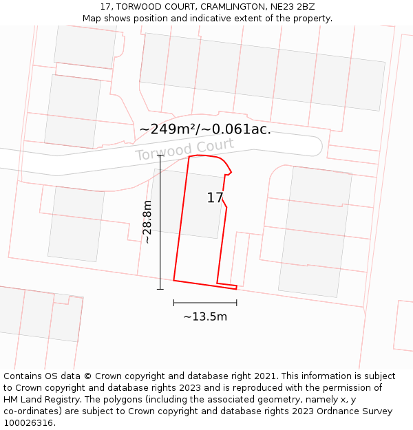 17, TORWOOD COURT, CRAMLINGTON, NE23 2BZ: Plot and title map