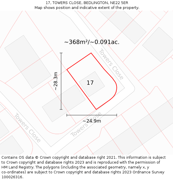 17, TOWERS CLOSE, BEDLINGTON, NE22 5ER: Plot and title map