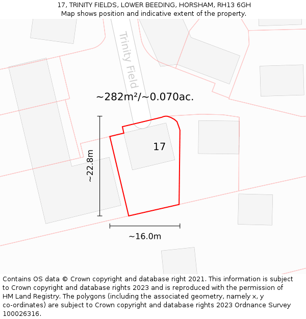 17, TRINITY FIELDS, LOWER BEEDING, HORSHAM, RH13 6GH: Plot and title map