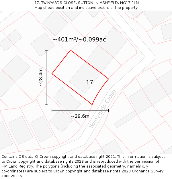 17, TWINYARDS CLOSE, SUTTON-IN-ASHFIELD, NG17 1LN: Plot and title map