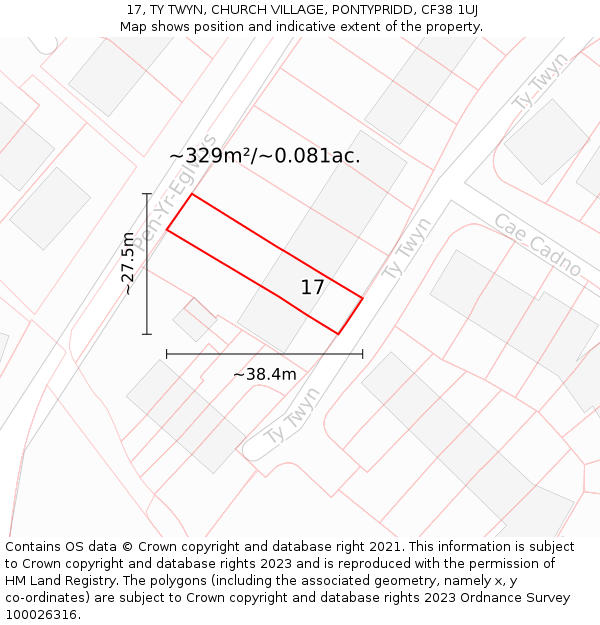 17, TY TWYN, CHURCH VILLAGE, PONTYPRIDD, CF38 1UJ: Plot and title map