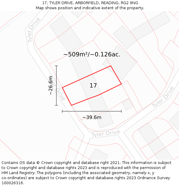 17, TYLER DRIVE, ARBORFIELD, READING, RG2 9NG: Plot and title map