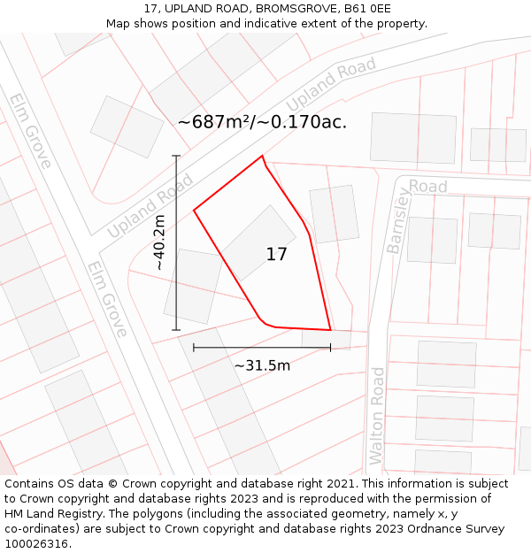 17, UPLAND ROAD, BROMSGROVE, B61 0EE: Plot and title map